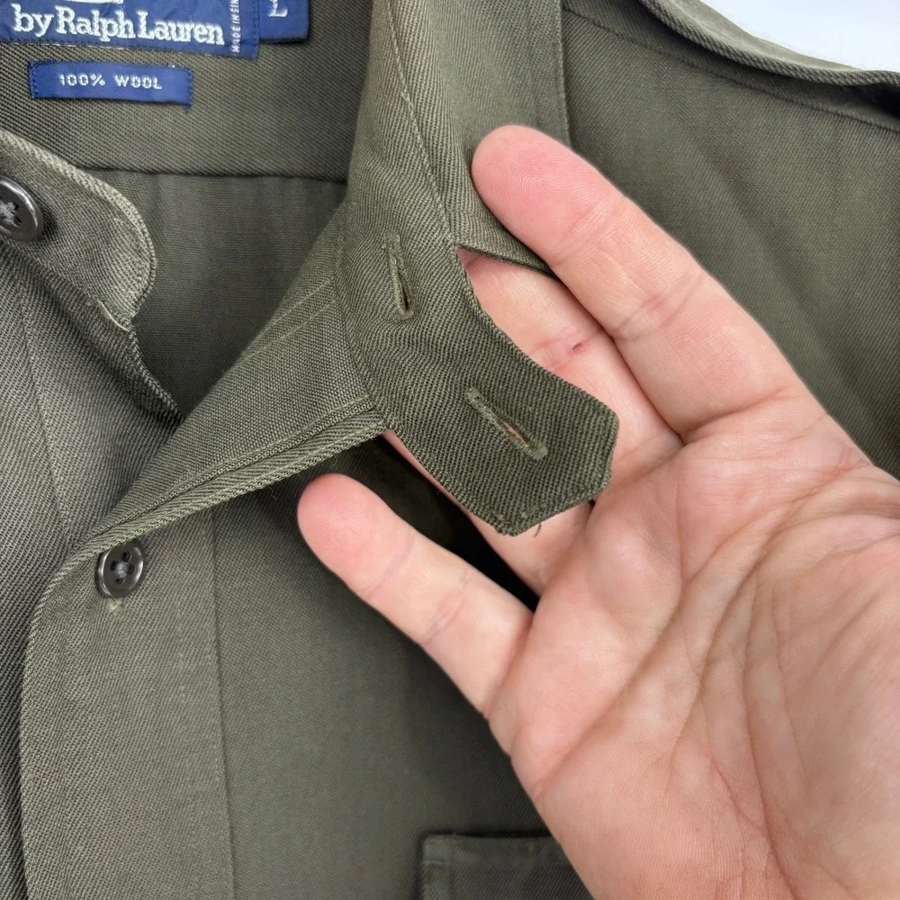 Vtg Polo Ralph Lauren Wool Field Shirt Mens L Olive Epaulettes Military Safari